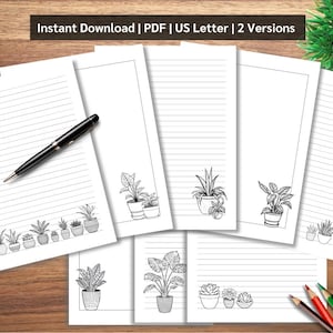 Papel para anotações com plantas, plantas em vasos, cartas para impressão, papel para papelaria, para colorir, presente para quem ama plantas, baixar PDF