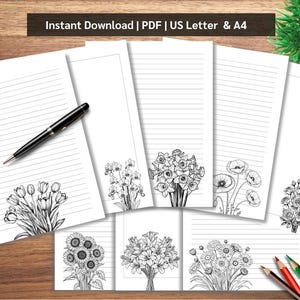 Papel de notas con flores, para escribir cartas, imprimible, hojas de notas, papelería floral, regalo para amantes de las plantas, descargar PDF