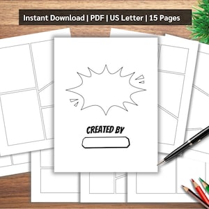 May include: A stack of blank comic book pages with panel layouts. The central page features a speech bubble and the text "CREATED BY" above a blank rectangle. A black pen and colored pencils are visible.
