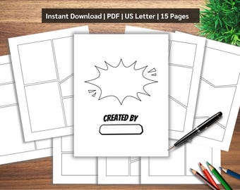 Plantilla de cómic, 15 páginas, imprimible, tamaño carta (EE. UU.), descargar PDF