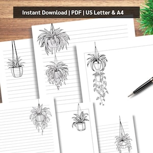 Papelaria para plantas, cestos suspensos para plantas, imprimíveis para escrever cartas, papel para anotações, para colorir, presente para quem ama plantas, baixar PDF