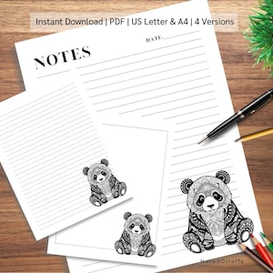 Papeterie panda, impression de prise de notes, ours panda, papier à lettres, coloriage, griffonnage, lettre US, A4, télécharger le PDF
