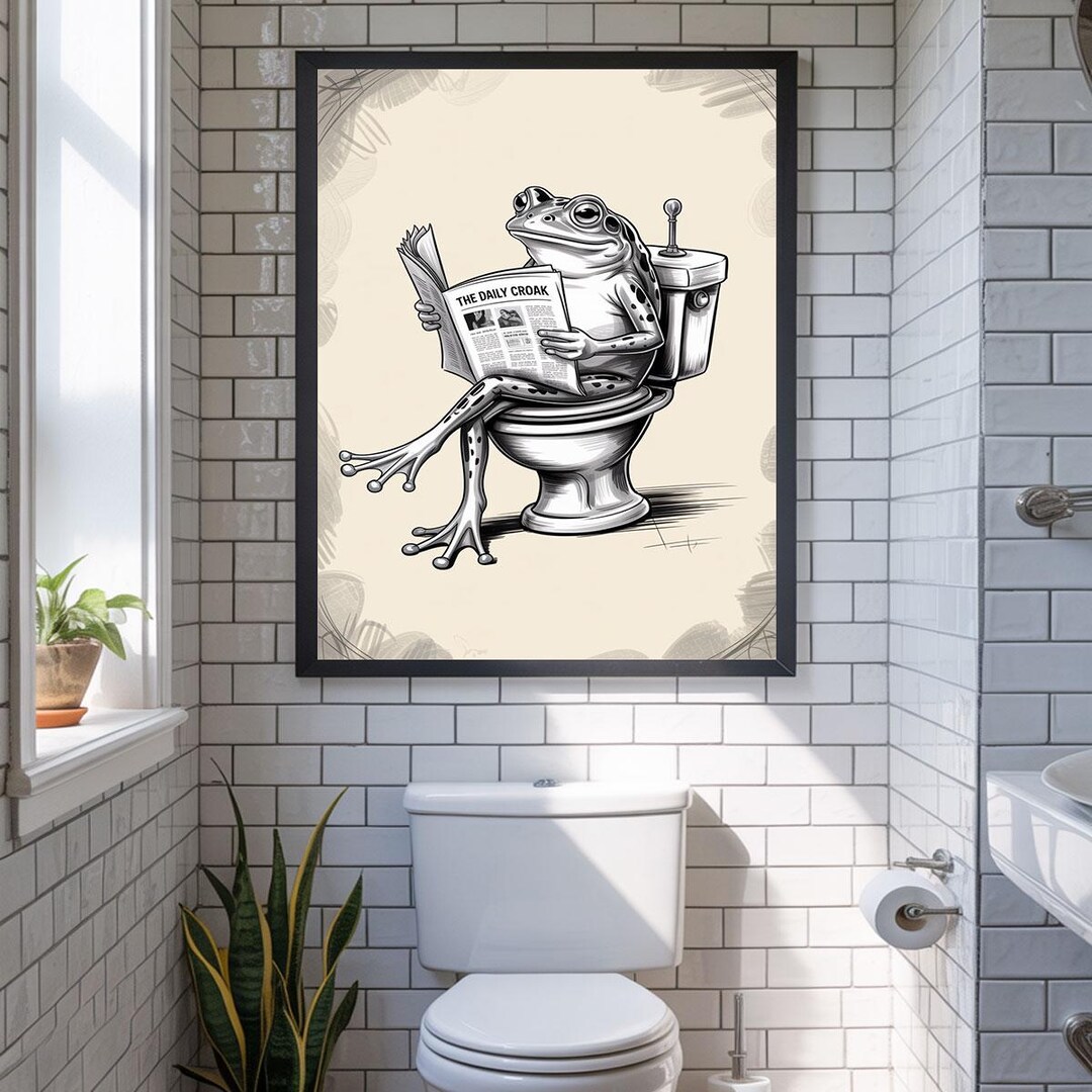 Funny Frog Bathroom Wall Art – Quirky Toilet Humor Print, Frog Reading ...