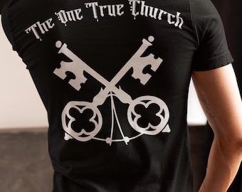 Camiseta cristã com Mateus 16:18, Camiseta "A Única Igreja Verdadeira", Camiseta com estampa católica, Camiseta "São Pedro Chaves", Roupa religiosa de rua, Vestuário religioso