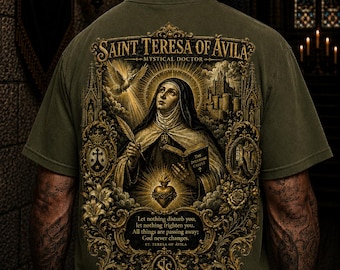 Camiseta de Santa Teresa de Ávila, Camiseta de Santa Católica, Ropa urbana cristiana carmelita, Camiseta gráfica Gildan 5000, Regalo católico