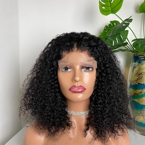 May include: A black curly wig displayed on a mannequin head. The wig has a lace front and a natural hairline. The mannequin has a fair complexion, red lipstick, and a silver choker. The background includes a white surface and green plants.