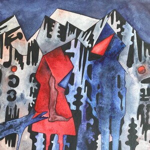 Rode kap in het levende bos – Abstracte aquarel