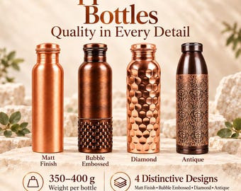 May include: Four Suvira copper water bottles with distinct textures: a smooth matte finish, a bubble embossed base, a diamond-patterned surface, and an antique floral design. Each bottle weighs 350-400 grams and is made of 99.69% copper.