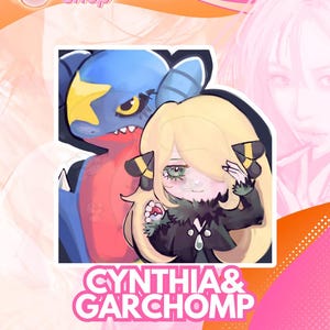 Chibi Cynthia and Garchomp Sticker | 3-inch Vinyl Pokemon-Inspired Sticker | Cute Anime Style | Waterproof & Durable
