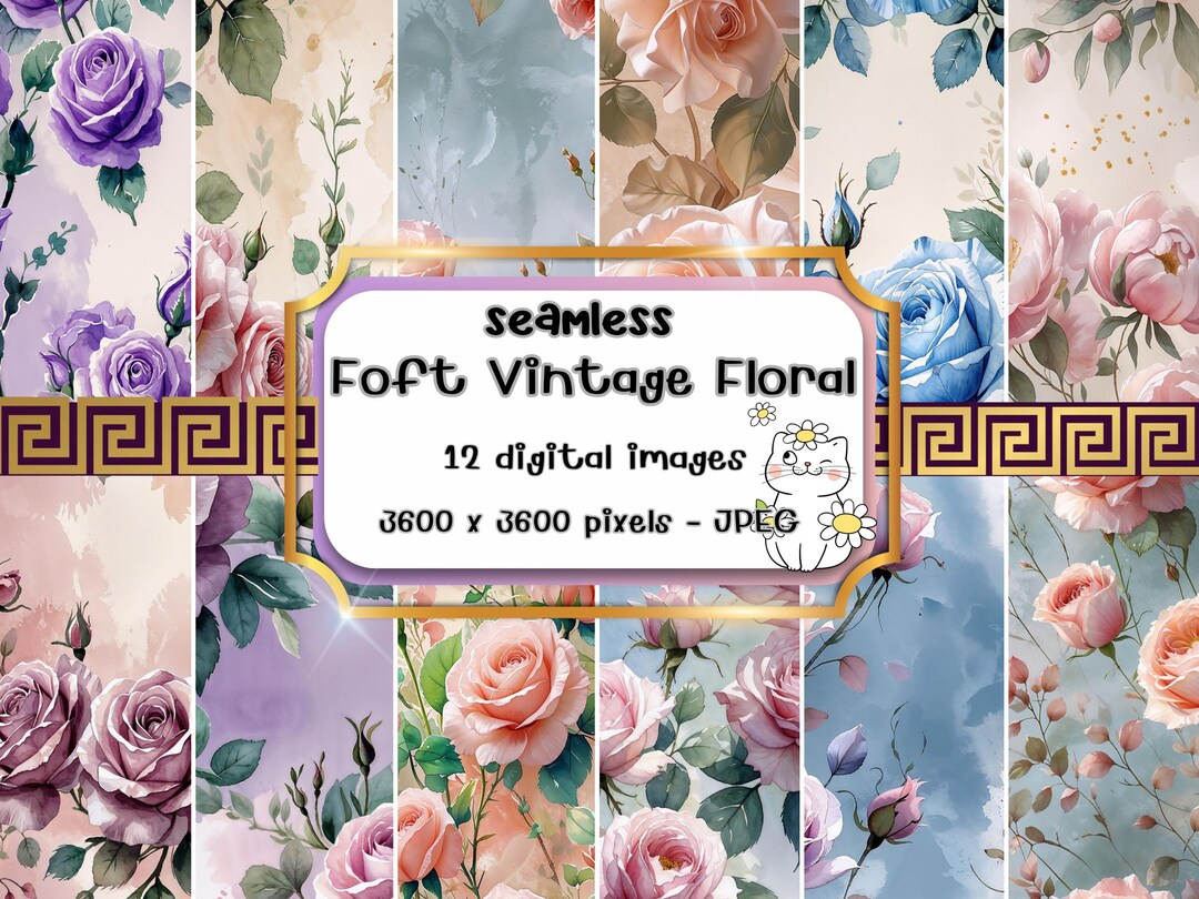 Soft Vintage Floral Digital Paper – Seamless Rose Pattern Set – 12 JPEG ...