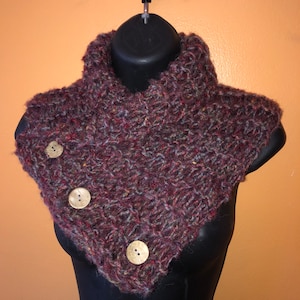 Blue and red variegated, knitted, button cowl