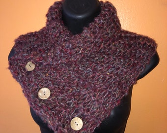 Blue and red variegated, knitted, button cowl