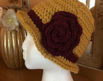 Gold and burgundy cloche hat