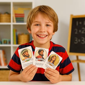 K&ouml;nnte beinhalten: Ein l&auml;chelndes Kind h&auml;lt drei illustrierte Karten mit biblischen Figuren. Die Karten haben Text und befinden sich vor einem B&uuml;cherregal und einer Tafel mit mathematischen Problemen. Das Kind tr&auml;gt ein rot-blau gestreiftes Hemd.
