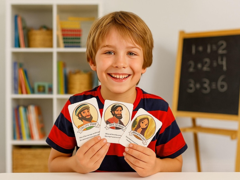 K&ouml;nnte beinhalten: Ein l&auml;chelndes Kind h&auml;lt drei illustrierte Karten mit biblischen Figuren. Die Karten haben Text und befinden sich vor einem B&uuml;cherregal und einer Tafel mit mathematischen Problemen. Das Kind tr&auml;gt ein rot-blau gestreiftes Hemd.