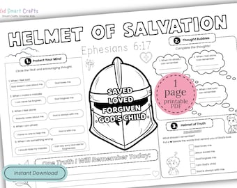 Armor of God Helmet of Salvation Kids Bible Activity Placemat Bible Worksheet for Homeschool Bible Learning Sunday School Lesson Printable