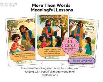 Puede incluir: Un conjunto de 40 tarjetas PDF imprimibles tituladas More Than Words Meaningful Lessons, con ilustraciones de Jesús con niños, textos bíblicos y referencias. Cada tarjeta incluye una escena colorida y una breve lección.
