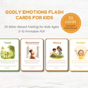 Kids Godly Emotions Flash Cards Bible Verse Cards Christian Homeschool & Sunday School Printables Scripture Memory Cards Faith-Based Lessons
