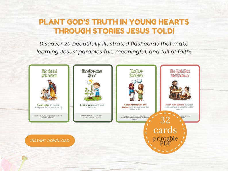 Jesus Parables Bible Story Flashcards for Christian Kids Printable ...