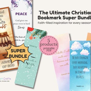 May include: A collection of five printable Christian bookmarks featuring various designs, including illustrations of armor, clouds, and floral motifs. Each bookmark displays inspirational text and scripture references, with a central badge stating 5 products printable PDF.