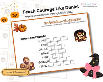 Daniel en el foso de los leones: historia bíblica, juego de rompecabezas para niños, palabras revueltas, juego cristiano imprimible de Halloween, temporada de otoño, hoja de trabajo para la educación en el hogar