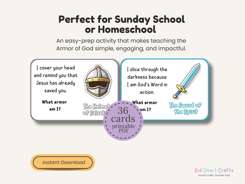 Armor of God Guessing Game for Christian Kids Printable Fun Bible Activity 36 Printable Cards with 6 Questions Each Sunday School Resource image 6