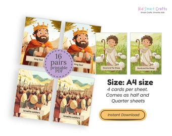 Puede incluir: Un conjunto de tarjetas imprimibles de tamaño A4 con ilustraciones de figuras bíblicas, incluyendo el Rey Saúl, David y las ovejas, y soldados israelitas. El conjunto incluye 16 pares de tarjetas. Las tarjetas están disponibles en hojas medias y cuartas.