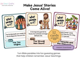 Puede incluir: Un conjunto de 52 tarjetas imprimibles con parábolas bíblicas, ilustraciones y preguntas. Cada tarjeta muestra el texto 'What parable is it?' y proporciona una respuesta. Las tarjetas muestran escenas como las diez vírgenes, el hombre fuerte atado y los viñadores. Una insignia circular indica 52 cards printable PDF.