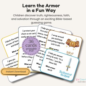 Armor of God Guessing Game for Christian Kids Printable Fun Bible Activity 36 Printable Cards with 6 Questions Each Sunday School Resource image 2