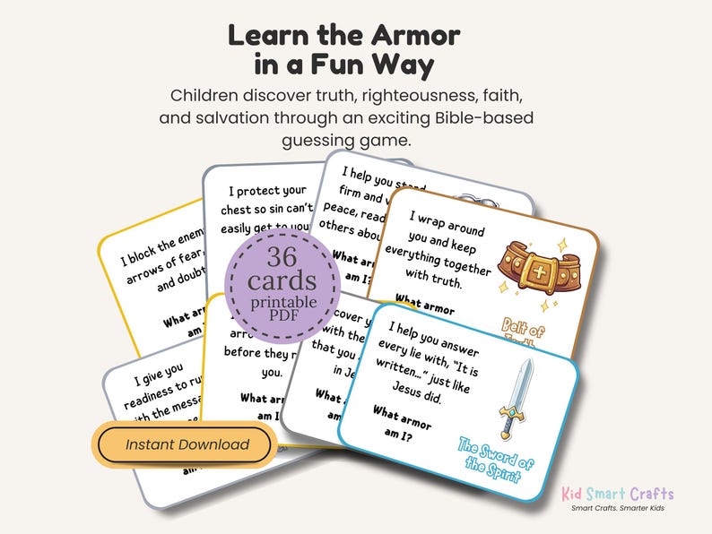 Armor of God Guessing Game for Christian Kids Printable Fun Bible Activity 36 Printable Cards with 6 Questions Each Sunday School Resource image 2