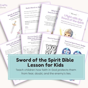 Könnte beinhalten: Eine Sammlung von Lernmaterialien mit dem Titel "Schwert des Geistes Bibelunterricht für Kinder". Die Seiten zeigen Illustrationen von Schwertern, Bibelversen und Aktivitäten. Der Text enthält "Worte Gottes", "Petrus und Johannes".