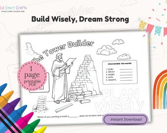 Jesus Parable The Tower Builder Kids Bible Activity Placemat  Christian Printable Coloring Bible Lesson for Homeschool Bible Study Activity