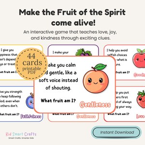 Juego de adivinanzas divertido sobre el fruto del Espíritu Santo. Actividad bíblica para niños cristianos. Tarjetas imprimibles para niños de la escuela dominical. Guía de estudio bíblico. imagen 5