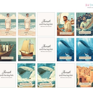 Puede incluir: Un conjunto de tarjetas ilustradas que representan escenas de la historia bíblica de Jonás. Las tarjetas muestran a Jonás, marineros, un barco, una ballena y la ciudad de Nínive. El texto en las tarjetas dice "Jonás y el pez grande" y "Juego de memoria bíblica."