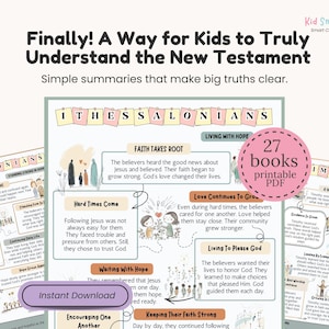 Resumen del libro bíblico del Nuevo Testamento para niños cristianos. Inserciones visuales para el estudio bíblico. Resumen imprimible de capítulos bíblicos para el estudio cristiano.