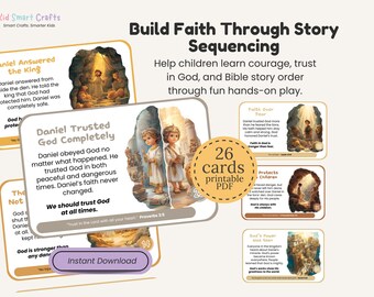 Puede incluir: Un PDF imprimible con 26 tarjetas para que los niños aprendan sobre la fe a través de historias bíblicas. Las tarjetas presentan ilustraciones y texto sobre Daniel, incluyendo "Daniel confió completamente en Dios".