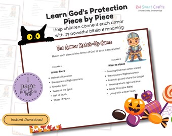Puede incluir: Una hoja de trabajo educativa imprimible titulada The Armor Match-Up Game con un caballero con armadura. El texto incluye listas para Armor Piece y What It Means, con un gato negro, una insignia morada de 1 page printable PDF y dulces.