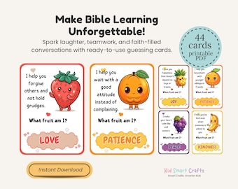 Puede incluir: Un conjunto de 44 tarjetas de aprendizaje bíblico en PDF imprimible con ilustraciones de frutas coloridas y texto. Las tarjetas incluyen frases como 'I help you forgive others' y 'What fruit am I?' con respuestas como Love, Patience, Joy y Kindness.