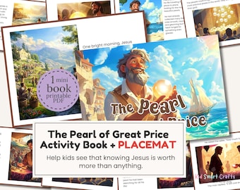 Puede incluir: Un conjunto de páginas ilustradas y un mantel individual titulado "The Pearl of Great Price Activity Book". La imagen principal muestra a un hombre sosteniendo una perla brillante, con el texto "Ayuda a los niños a ver que conocer a Jesús vale más que nada."