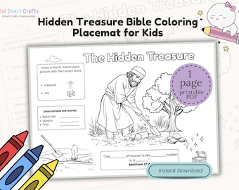 Puede incluir: Un mantel individual para colorear en blanco y negro para niños titulado "Hidden Treasure Bible Coloring Placemat for Kids". La imagen presenta a un hombre cavando en busca de un tesoro, con áreas para emparejar palabras y descifrar. Incluye una etiqueta "1 página PDF imprimible".