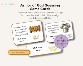 Armor of God Guessing Game for Christian Kids Printable Fun Bible Activity 36 Printable Cards with 6 Questions Each Sunday School Resource