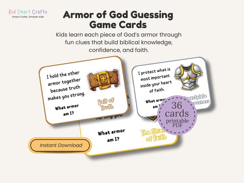 Armor of God Guessing Game for Christian Kids Printable Fun Bible Activity 36 Printable Cards with 6 Questions Each Sunday School Resource image 1