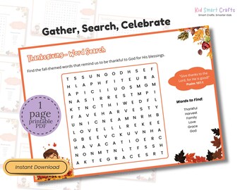 Puede incluir: Una hoja de actividades de sopa de letras de Acción de Gracias con una cuadrícula de letras, una lista de palabras para encontrar como Thankful y Harvest, y un versículo bíblico del Salmo 107:1, decorada con hojas de otoño y un personaje.