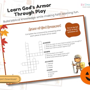 Crucigrama de la Armadura de Dios Actividad de estudio bíblico para niños Rompecabezas de aprendizaje Juegos bíblicos Material imprimible cristiano Lecciones para la escuela dominical y la educación en el hogar