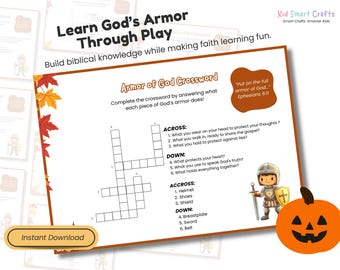 Armor of God Crossword Puzzle Kids Bible Study Activity Learning Puzzle Bible Games Christian Printables Sunday School & Homeschool Lessons