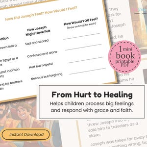 May include: A printable PDF titled "From Hurt to Healing" with a worksheet about Joseph's feelings. The worksheet includes prompts like "How Joseph Might Have Felt" and "How Would YOU Feel?" with space for emojis. The image also includes the text "Instant Download".