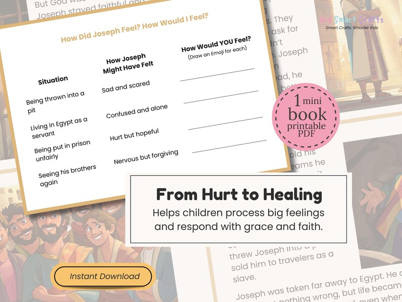 May include: A printable PDF titled "From Hurt to Healing" with a worksheet about Joseph's feelings. The worksheet includes prompts like "How Joseph Might Have Felt" and "How Would YOU Feel?" with space for emojis. The image also includes the text "Instant Download".