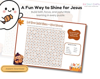 Puede incluir: Un juego de sopa de letras imprimible titulado Let Your Light Shine con una cuadrícula de letras, una lista de palabras para encontrar y un versículo bíblico de Mateo 5:14. La página está decorada con hojas de otoño, una calabaza y un niño con una linterna.