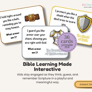 Armor of God Guessing Game for Christian Kids Printable Fun Bible Activity 36 Printable Cards with 6 Questions Each Sunday School Resource image 3