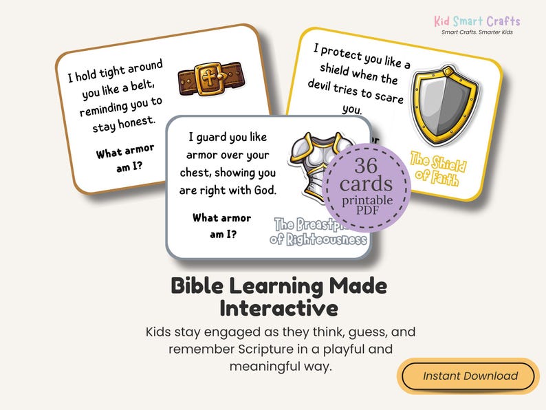 Armor of God Guessing Game for Christian Kids Printable Fun Bible Activity 36 Printable Cards with 6 Questions Each Sunday School Resource image 3